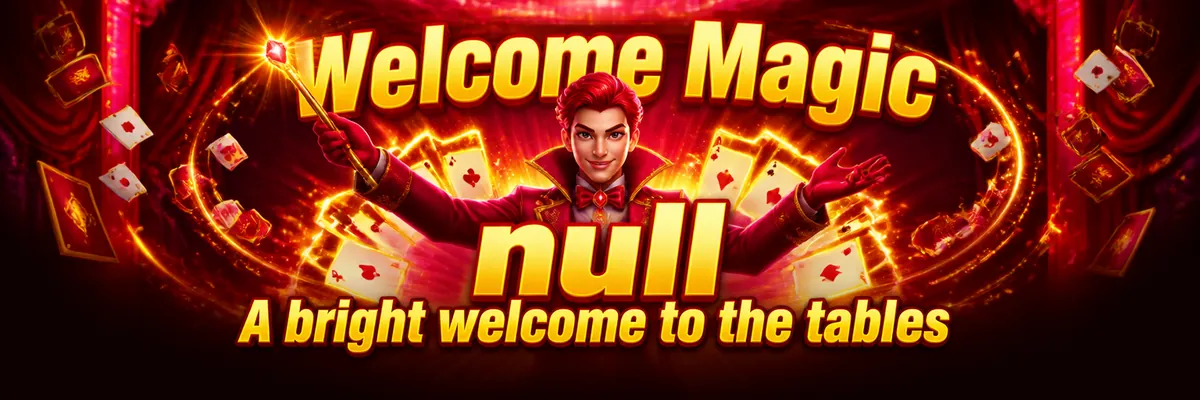 Ruby magician mascot presenting a glowing golden welcome invitation against a dark red casino backdrop